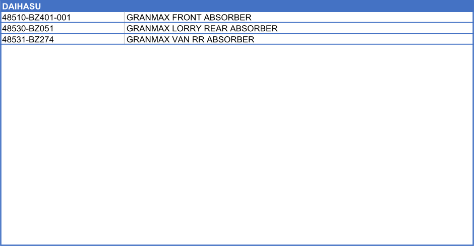 DAIHASU    48510-BZ401-001 GRANMAX FRONT ABSORBER 48530-BZ051 GRANMAX LORRY REAR ABSORBER 48531-BZ274 GRANMAX VAN RR ABSORBER