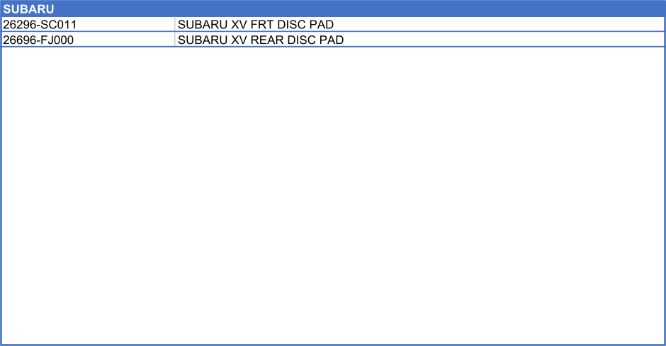 SUBARU       26296-SC011 SUBARU XV FRT DISC PAD 26696-FJ000 SUBARU XV REAR DISC PAD
