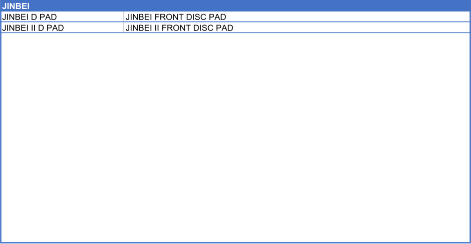 JINBEI                               JINBEI D PAD JINBEI FRONT DISC PAD JINBEI II D PAD JINBEI II FRONT DISC PAD